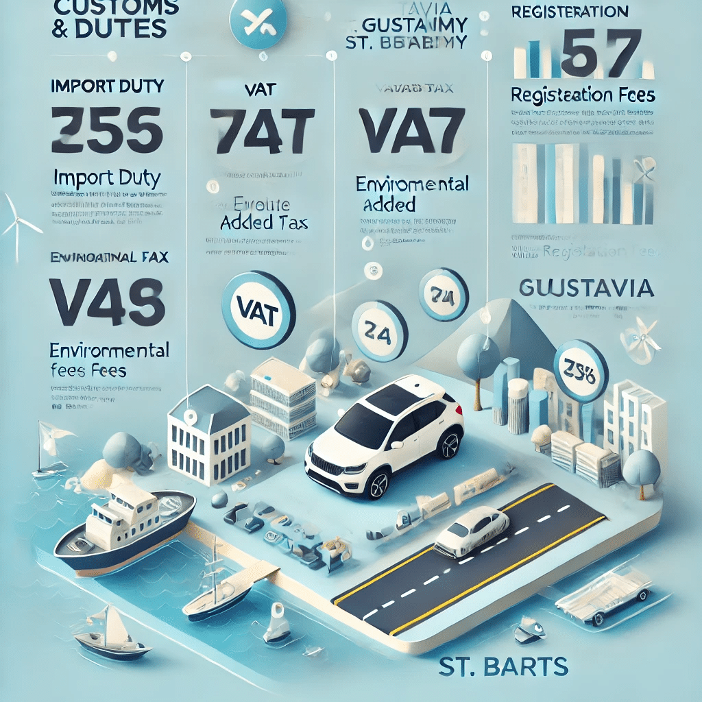 "Infographic showing the breakdown of customs duties and taxes for importing a car to U.S. Virgin Islands, including Import Duty, VAT, Environmental Fees, and Registration Fees."