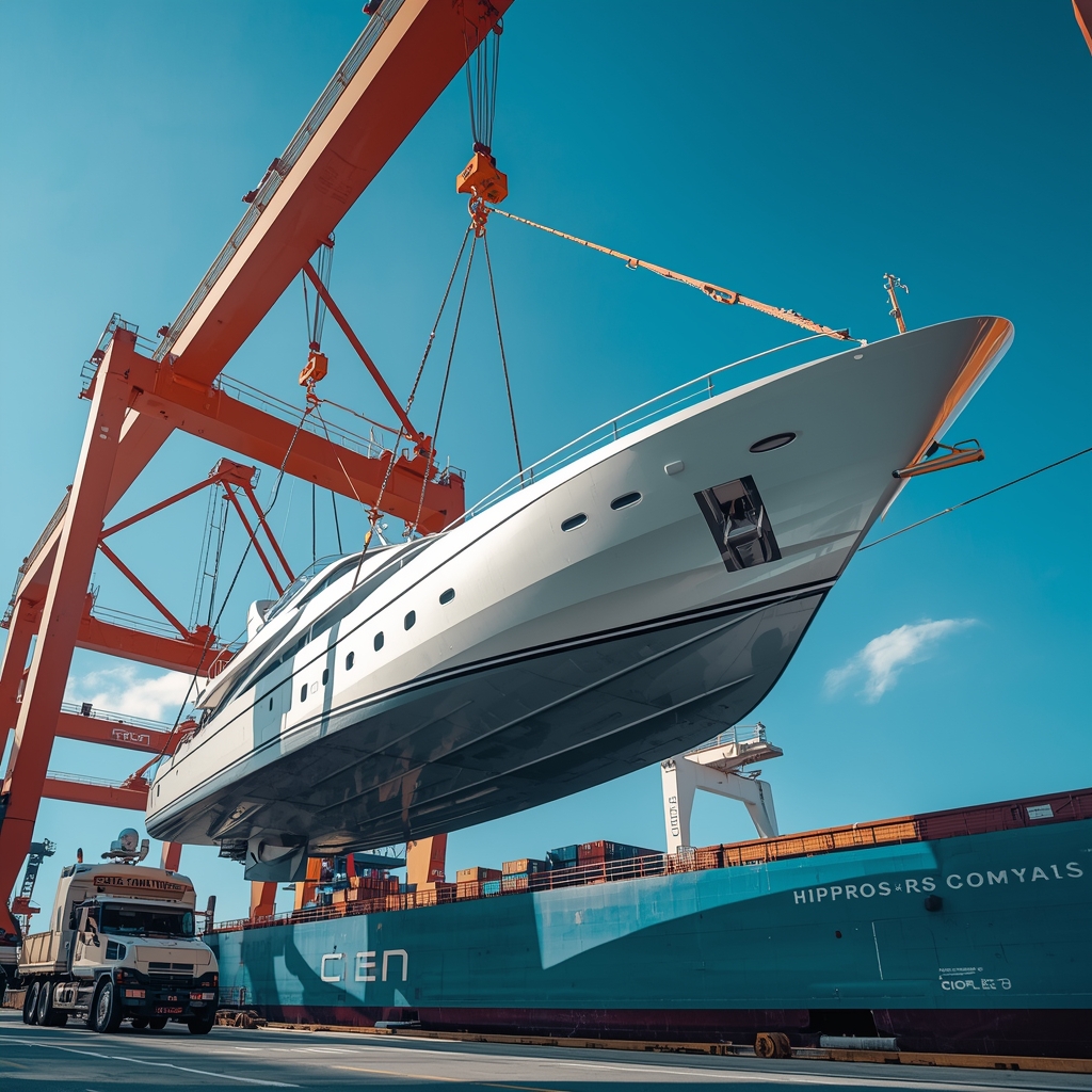 RoRo boat shipping with yachts and marine vessels at seaport
