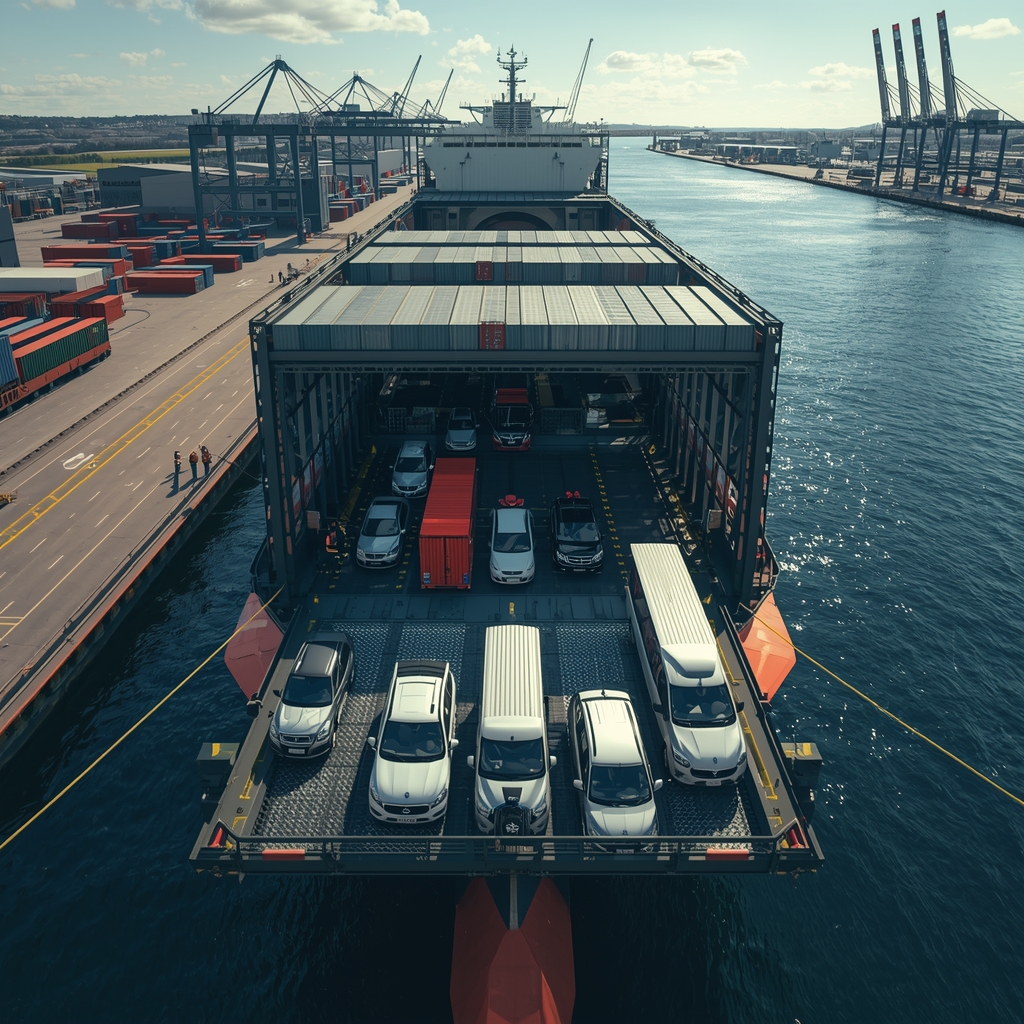 RoRo RV equipment shipping with motorhomes and campers loading at port